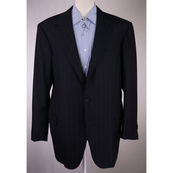 English Cut Bespoke Savile Row Tailors Navy Chalkstripe Suit Blazer Jacket 50L - Picture 2 of 9